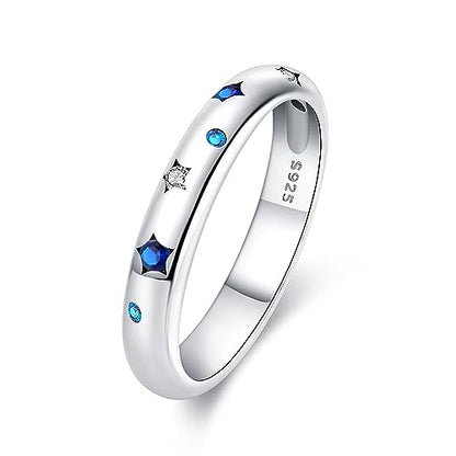 KUNSIR 925 Silver Cubic Zirconia Ring Size 7-9 Wedding Band Sterling Silver Eternity Ring Modern Style - style: Blue and Silver Stars Ring