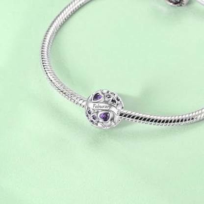 925 Sterling Silver Lucky Clover Birthstone Charms for Bracelets Dangle Pendant with 5A Cubic Zirconia Compatible Pandora Bracelets, Ladies Birthday Gift - style: 2-February