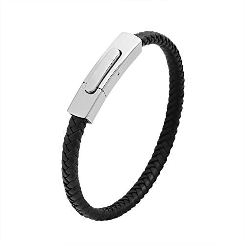 Geoffrey Beene Men's Braided Genuine Leather Fashion Bangle Bracelet with Stainless Steel Clasp - color: Silver