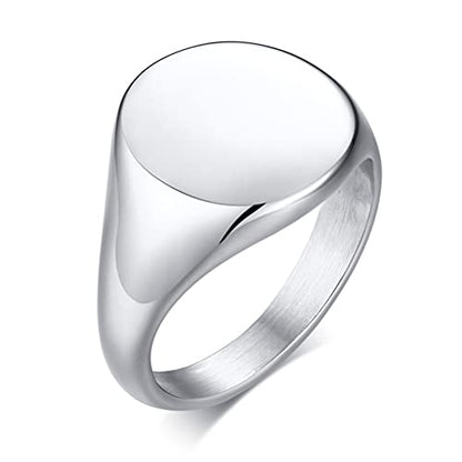 HIJONES Mens Stainless Steel Signet Ring Matte Brushed Square | Simple Statement ,Wedding Band,Polished Round - color: 14mm-Silver
