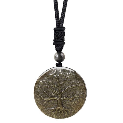 Anjiucc Natural Gemstone Tree of Life Black Obsidian/Golden Obsidian Pendant Necklace for Male and Female Necklace - color: Gold Sheen Obsidian