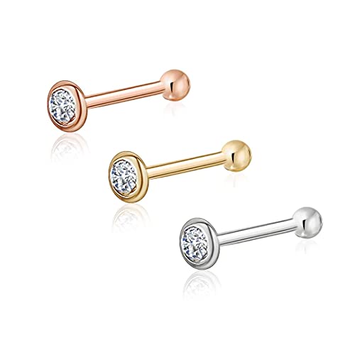 18k 14k Gold Nose Ring - 20g Nose Stud, Hypoallergenic Threadless Piercings for Women Men, Yellow White Rose Real Gold Standard or Long Nose Rings Studs, CZ or Ball Nose Piercing Jewelry - color: Simulated Diamond - 14k Yellow White Rose Gold - 3 Pack, si