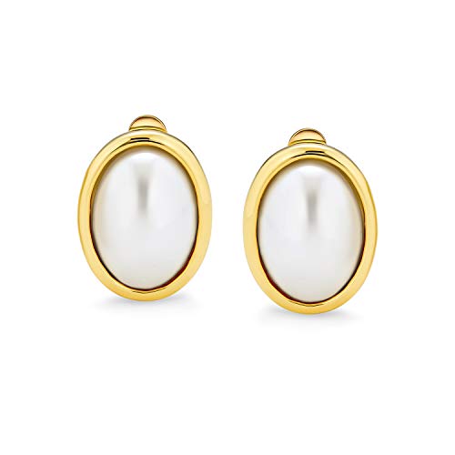 Classic Faux White Pearl Cabochon Bezel Oval Clip On Earrings For Women For Non Pierced Ears 14K Yellow Gold Plated
