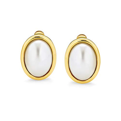 Classic Faux White Pearl Cabochon Bezel Oval Clip On Earrings For Women For Non Pierced Ears 14K Yellow Gold Plated
