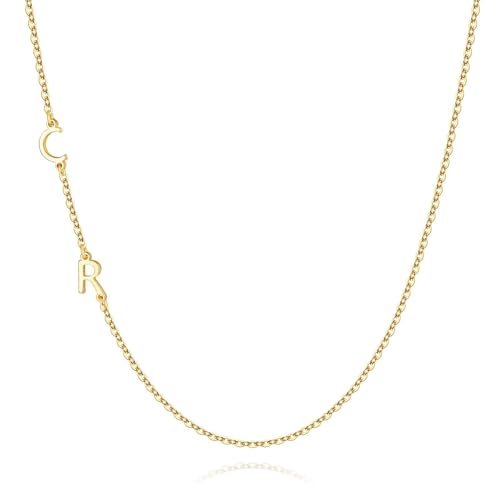M MOOHAM Sideways Two Initial Necklaces for Women Girls Birthday Gifts | Dainty 14K Gold-Plated, Custom Initial Necklace, Letter Necklace Jewelry, Birthday Gifts for Women Wife Mom Sister Friends - color: initial C & initial R