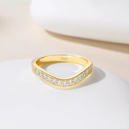 EAMTI 925 Sterling Silver Wedding Bands for Women Cubic Zirconia Wave Stackable CZ Curved Eternity Engagement Promise Gold Rings Size 4-10 - color: Sterling Silver-Gold