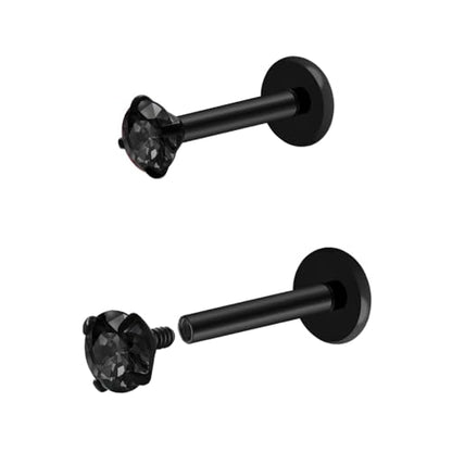 16G 18G Titanium Internal Thread CZ Stud Earrings Flat Back, Silver Black Tragus Helix Conch Cartilage Piercing Jewelry for Women Men 6mm 8mm 10mm Labret Studs 2PCS - color: Black, 18g, 8mm bar, 3mm Black CZ
