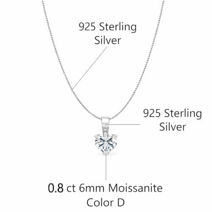 Savlano 925 Sterling Silver Moissanite Pendant Necklace, 6MM,8MM Round, Princess & Heart Cut 0.8–2CT D Color, with 18" Box Chain for Women – Comes with A GRA Certificate – Made in Italy - style: 0.8ct 6mm Heart Cut