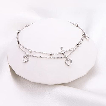 Flyow Anklet for Women S925 Sterling Silver Adjustable Foot Beaded Heart Charm Ankle Bracelet Anklets Jewelry - style: cross and heart