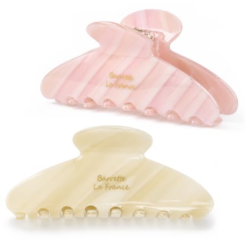 Aileam Acetate Hair Claw Clips for Women, Hair clip French Design Strong Hold Non-Slip claw clips for Thick Hair, 2 Pack - color: Cream Pink Stripe