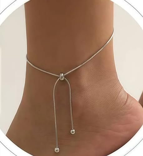 Round Snake Bone Chain Anklet with Hanging Beads Silver Dainty Ankle Bracelet for Women Summer Trendy Lightweight Adjustable Herringbone Anklet Minimalist Waterproof Foot Ornament Gift for Daughter