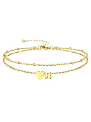 Ankle Bracelets for Women Waterproof 14K Gold/Silver/Black Initial Anklet for Women Dainty Layered Heart Ankle Bracelets Stainless Steel Adjustable Foot Chain Anklet Summer Beach Jewelry - color: R-Gold