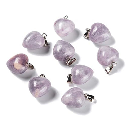 10Pcs Heart Stone Charm Pendants Natural Lepidolite Gemstone Pendants with Platinum Brass Loops for DIY Necklace Keychains Earring Crafts Supplies - color: Lepidolite