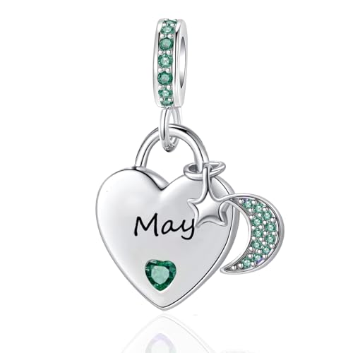 12 Months Birthstone Heart Charm Moon and Star Pendant Bead Compatible with Pandora Bracelet Women - style: May