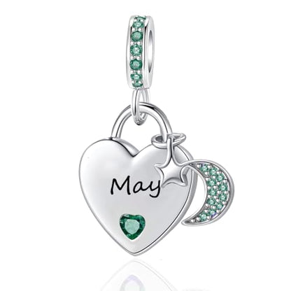 12 Months Birthstone Heart Charm Moon and Star Pendant Bead Compatible with Pandora Bracelet Women - style: May