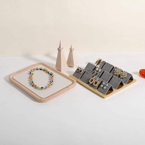 velvet Jewelry organizer tray, Beech wood Jewelry Display Plate, Beige Jewelry Viewing Tray, Jewelry showcase tray for Necklace Bracelet Ring Earring stand holder (Cream-Large, 9.8x 7.1 in) - size: Large