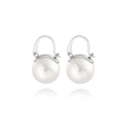 925 Sterling Silver Hoop Handpicked AAA+ Quality 7.5-8mm White Freshwater Cultured Pearl Dangle Drop Earrings Jewelry for Women - color: 9. Silver Plated Handle