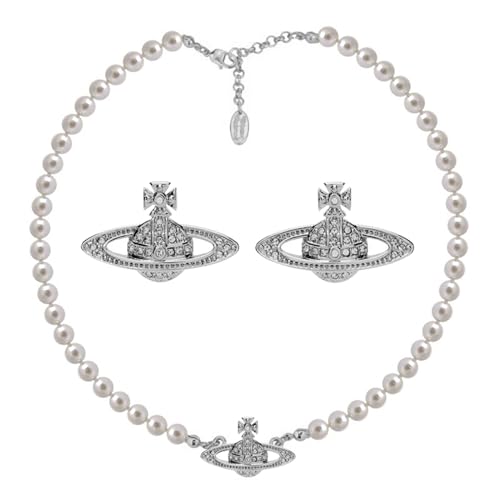 Dreuyet Saturn Pearl Necklace and Earrings Set Crystal Planet Earrings Dainty Artificial Pearl Choker Necklace Charm Gifts for Mum Wife Wedding Birthday Anniversary - color: Silver