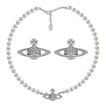 Dreuyet Saturn Pearl Necklace and Earrings Set Crystal Planet Earrings Dainty Artificial Pearl Choker Necklace Charm Gifts for Mum Wife Wedding Birthday Anniversary - color: Silver