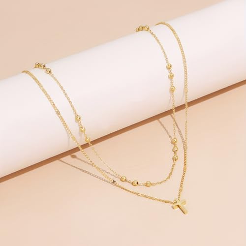 Alegend Dainty 14K Gold Double - Layer Cross Necklace for Casual & Formal - style: 14K Gold Beads+ Cross