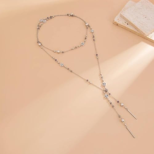 Long Layered Faux Pearl Beaded Chain Necklace for Women,Boho Y Body Chain Gold Drop Lariat Necklace Dainty Statement Fashion Jewelry Gifts - color: Silver1
