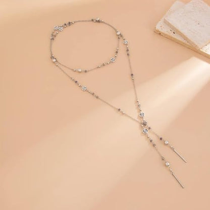 Long Layered Faux Pearl Beaded Chain Necklace for Women,Boho Y Body Chain Gold Drop Lariat Necklace Dainty Statement Fashion Jewelry Gifts - color: Silver1