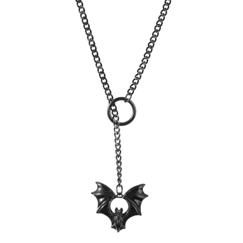 Slip Chain Necklace for Women Gothic Stainless Steel Bar Pendant Cuban Link Necklaces Adjustable Goth O Ring Long Necklaces Punk Rock Collar Choker Trendy Lariat Y Necklace - color: Black bat
