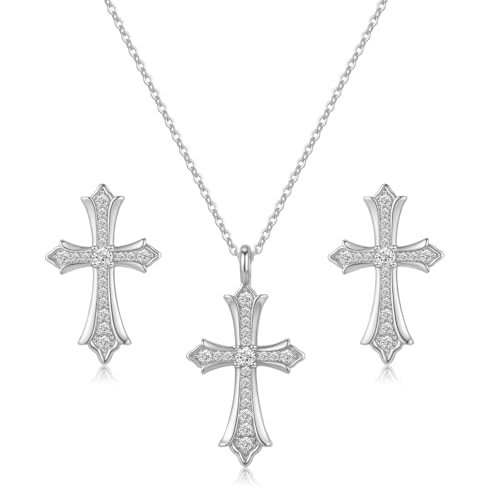 Gold Plated Imitation Diamond Cross Necklace and Earrings Set for Women Cubic Zirconia Trendy Stud Earrings and Cross Pendant Necklaces Jewelry Set Dainty Cross Cute Faith Jewelry Gifts Set - color: Silver