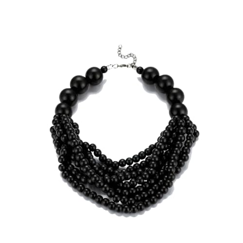 COLORFUL BLING Boho African Wooden Beaded Strands Necklace Ethnic Layered Chunky Collar Choker Wood Necklace for Women Hip Hop Statement Jewelry - color: black