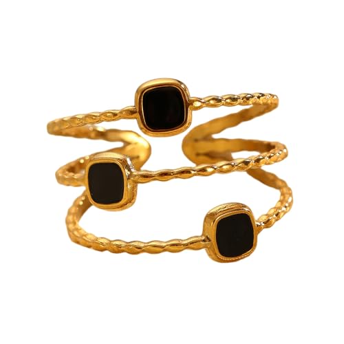 Layered Open Statement Ring Enamel Square Geometric Rings for Women Stainless Steel 18K Gold Plated Adjustable Finger Bands Stackable Comfort Fit Wedding Engagement Fashion Jewelry - color: Black