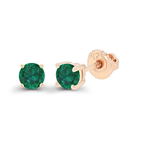 14K Gold Plated 925 Sterling Silver Hypoallergenic 4mm Round Genuine Birthstone Solitaire Screwback Stud Earrings - color: Emerald Created