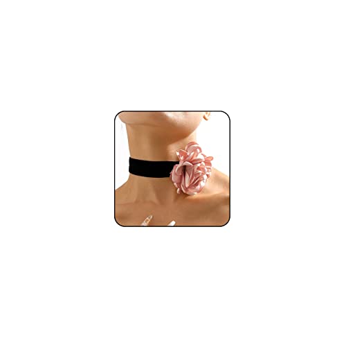 Rose Black Velvet Floral Choker Necklace - Camellia Daisy Rosette - Spring Summer Flower Jewelry - color: Pink