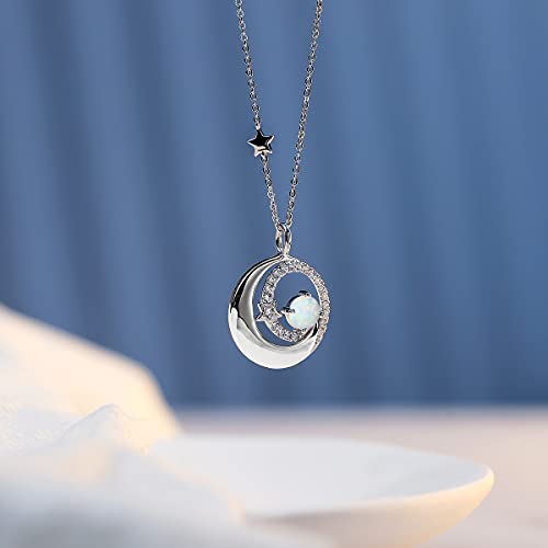 FANCIME Birthstone Necklaces 925 Sterling Silver Moon and Star Pendant Fine Jewelry Birthday Mothers Day Gifts for Mom Wife Her Daughter, Adjustable Chain 16+2" - color: Oct.- Opal