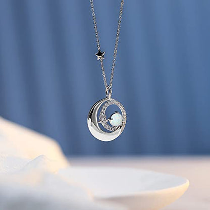 FANCIME Birthstone Necklaces 925 Sterling Silver Moon and Star Pendant Fine Jewelry Birthday Mothers Day Gifts for Mom Wife Her Daughter, Adjustable Chain 16+2" - color: Oct.- Opal