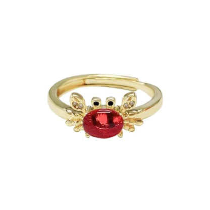 Dtja Crystal Crab Statement Ring for Women Gold Plated Expandable Cute Marine Animal Adjustable Open Wrap Finger Ring Elegant Birthday Holiday Party Jewelry - color: Red