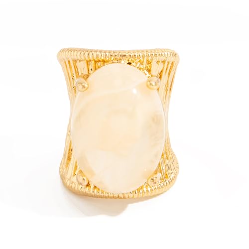 Geometric Open Ring, Adjustable Statement Rings with Non-Fading Hand-Marbled Resin Wide Band, Metallic Stripe Accent Finger - color: cream