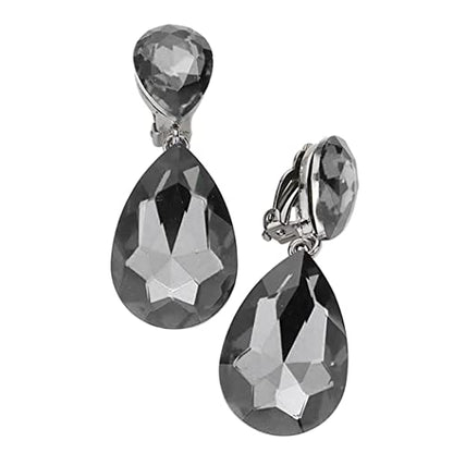 Rosemarie & Jubalee Women's Double Teardrop Statement Glass Crystal Rhinestone Dangle Clip On Bridal Earrings, 2" - color: Black Diamond Crystal Hematite Tone