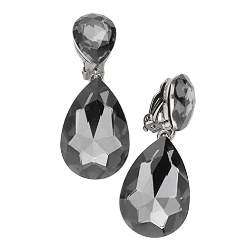 Rosemarie & Jubalee Women's Double Teardrop Statement Glass Crystal Rhinestone Dangle Clip On Bridal Earrings, 2" - color: Black Diamond Crystal Hematite Tone