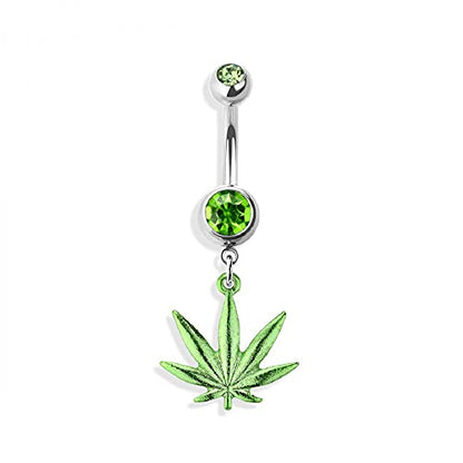 Pierced Owl - 14GA Double Jeweled Marijuana CBD Hemp Leaf Dangle 316L Surgical Stainless Steel Navel Belly Button Ring - style: Silvertone/Green