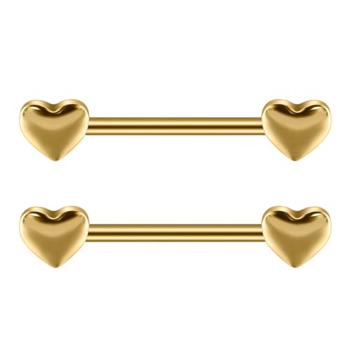 14G Minimalist Heart Nipple Rings Stainless Steel Love Hearts Nipplerings Straight Tongue Rings Barbell Bar Piercing Body Jewelry for Women - color: Gold