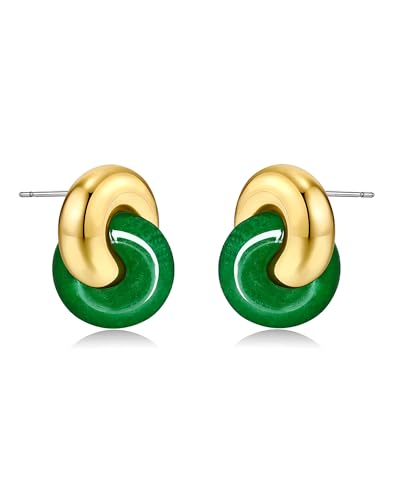 Small Twist Interlock Chunky 18K gold plated Gemstone Natural Stone (Brown, Green, Pink, White) Statement Earrings for Women by SNGIA, Dainty Love Knot Tiger Eye Amber Jade Tourmaline Bold Handmade Exaggerated Dome Retro Rounded Button Half Ball Trendy Bo