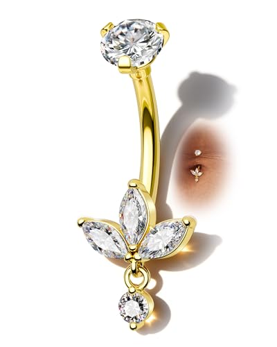 Lotus Belly Button Rings Dangle 14G Dangle Belly Navel Button Piercing Surgical Steel Navel Piercing Jewelry Dangling - color: YG-10MM