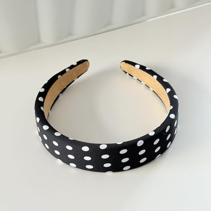 Padded Headband for Women, Polka Dot Wide Headbands, Thick Sponge Hair Bands, Non-Slip Fashion Hair Accessories for Daily Wear, Party, 2 Pack (Black & White)