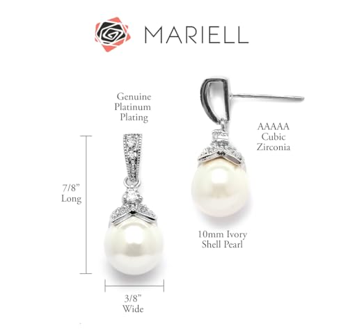 Mariell Pearl Drop Bridal Necklace Earrings Set with CZ Crystals for Bride, Bridesmaid, Birthday Gift - color: Silver Earring Only