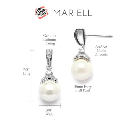 Mariell Pearl Drop Bridal Necklace Earrings Set with CZ Crystals for Bride, Bridesmaid, Birthday Gift - color: Silver Earring Only