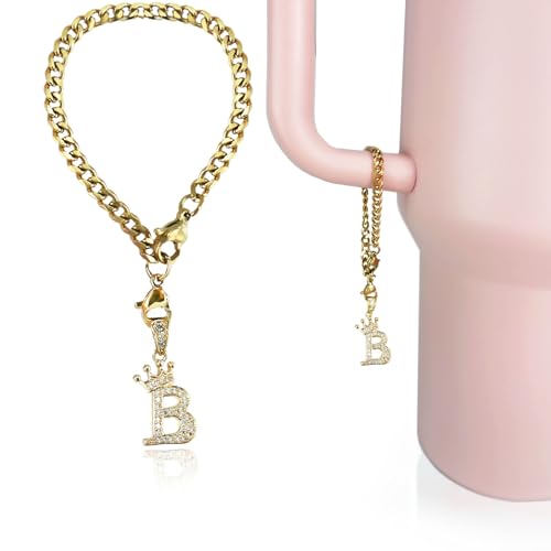 Cup Charms for Stanley Handle- Crown Letter Charms Accessories for Stanley Handle 40 Oz Tumblers Gold Initial Keychain Water Bottle Cup with Diamond Glitter Jewelry Personalized Decorations B - color: Letter B