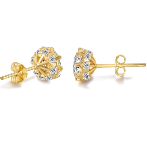 Hypoallergenic Cubic Zirconia Stud Earrings for Women & Men 24K Gold Plated Sterling Silver Post, CZ Simulated Diamond Halo Studs Sensitive Ear Friendly Gift (ED-31) - color: Gold 03