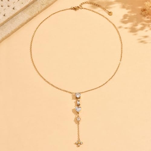 Lariat Necklaces for Women 18K Gold Plated Cubic Zirconia Heart Necklaces Dainty Star Lightning Sun and Moon Necklace Trendy Y Shaped Drop Diamond Necklace - color: Heart CZ Y Necklace-Gold