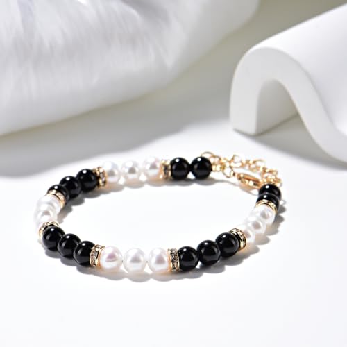 Natural White Pearl Black Obsidian 6mm Bead Adjustable Vintage Bracelet Jewelry Gift for Women