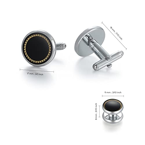 wynameleri Mens Cufflinks and Studs Set Blanks Round 4 Colors Shirt Tuxedo Buttons Packed in Cufflink Box for Business Wedding Jewelry - color: Black
